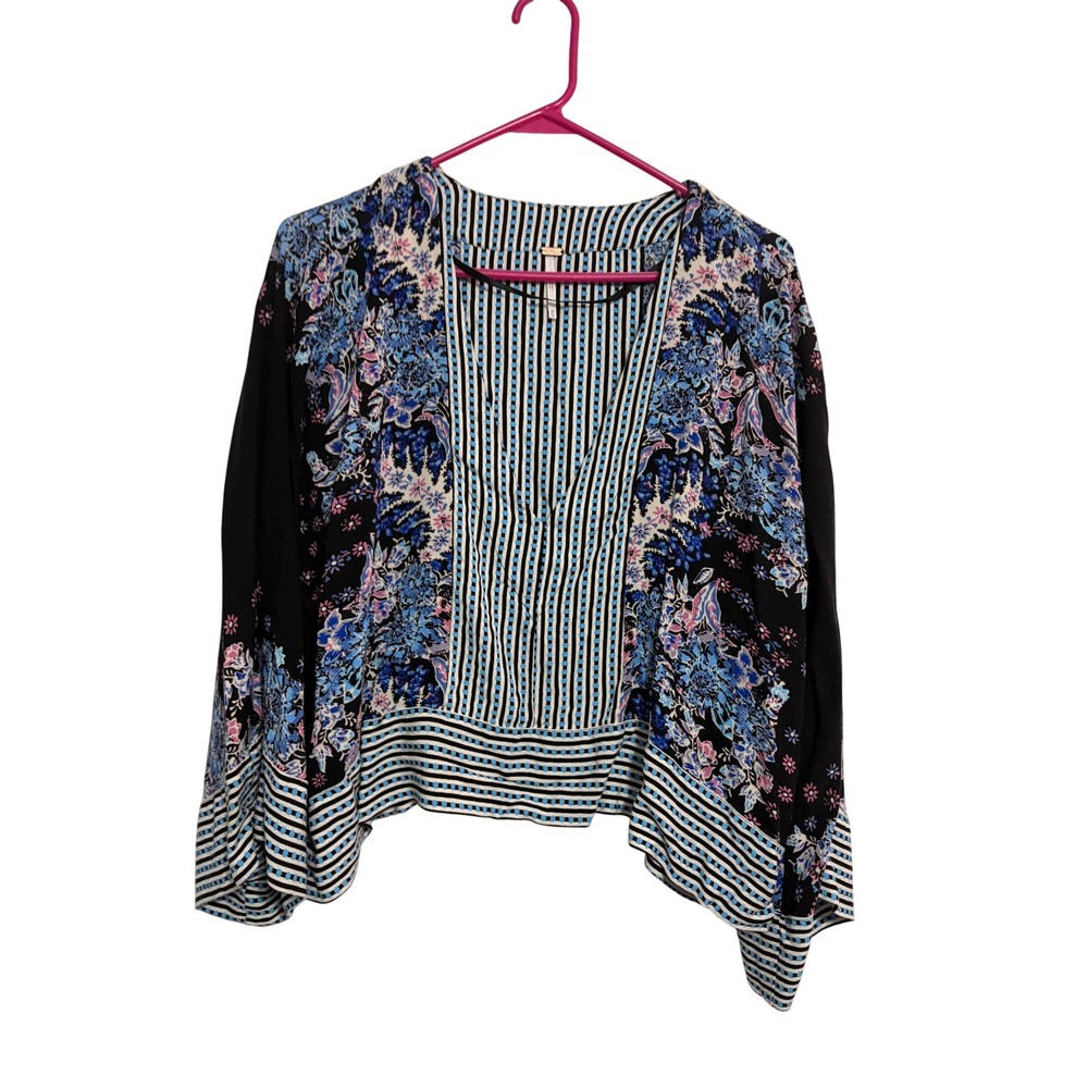 Free People Top Boho Floral Striped Mixed Print Bell Sleeve Black Blue M
